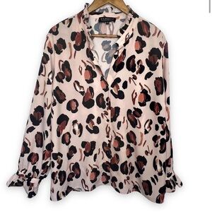 Eloquii Multicolor Printed Panther Button Down Ruffle Neck Shirt Tops Size 24